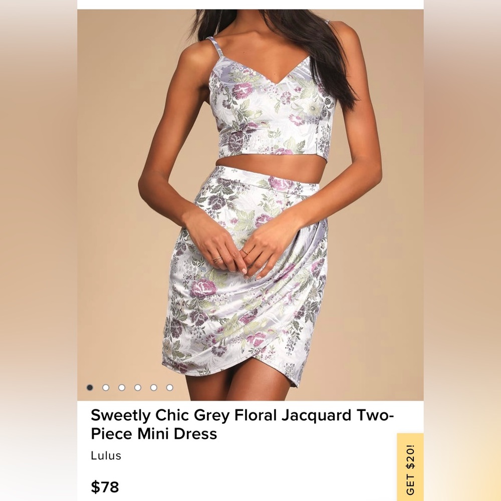 Sweetly chic grey floral jacquard two piece mini dress set (small)